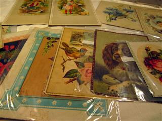 26 ANTIQUE EPHEMERA EMBELLISHED SINGLE PANEL DIE CUT CARDS - USED